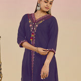 Ibadat Deep Purple Floral Embroidered Rayon V-neck Kurta Set with Pockets