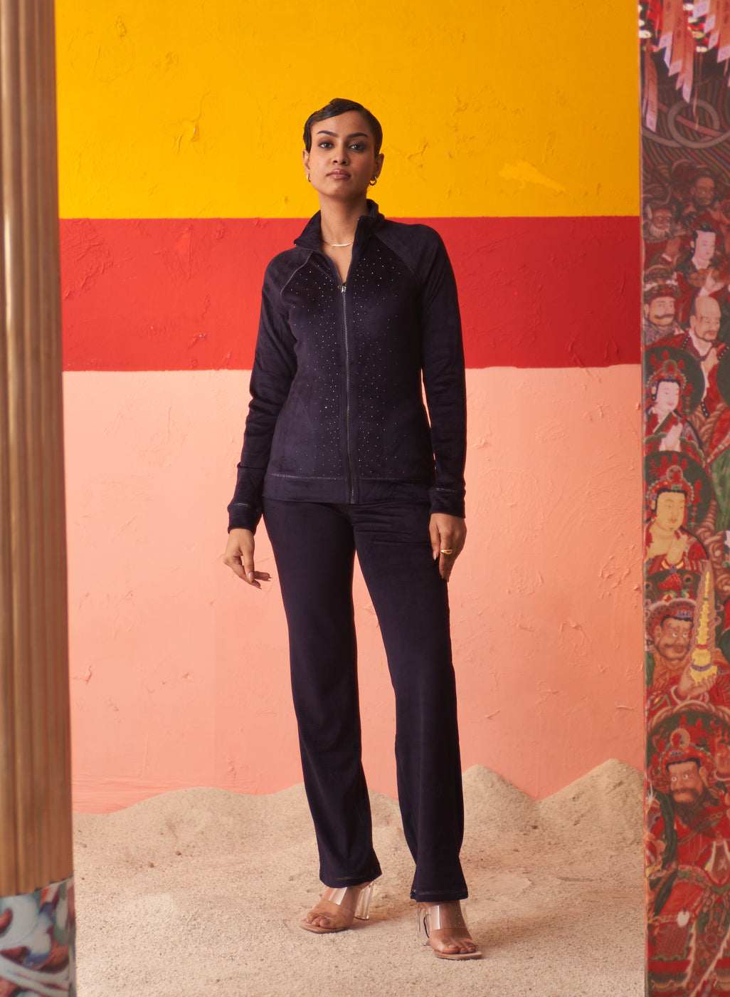Navy Blue Velvet Track Suit with Stone Work