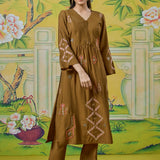 Zoya Olive Green Embroidered Panelled A-Line Kurta Set