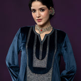 Fareen Teal Embroidered Velvet Suit Set with Dupatta