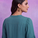Green Rayon Embroidered Mandarin Collar Top
