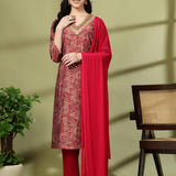 Chanderi Cotton Printed Kurta Trouser Dupatta Set