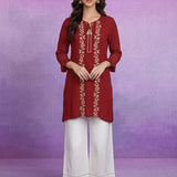 Red  Floral Embroidered Straight Kurti