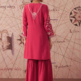 Joy Carmine Red Embroidered Rayon Salwar Suit Set with Dupatta