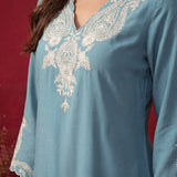 Teal Embroidered Cotton Blend Regular Kurta Set