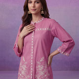 Pink Embroidered Cotton Slub Relaxed Top