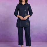Navy Blue Floral Embroidered Straight Co-ord Set