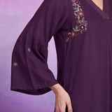 Purple Rayon V-Neck Co-ord Set with Palazzo