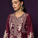 Aarvi Wine Floral Embroidered Suit Set with Dupatta