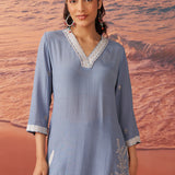 Iris Light Blue Embroidered Rayon Co-ord Set for Women