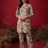 Cream Metallic Print & Pearl Kurta Set