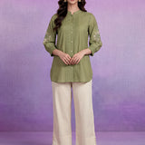 Light Green Cotton Resham Sequin Embroidered Shirt