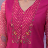 Fuchsia Printed Suit Set with Applique Neckline