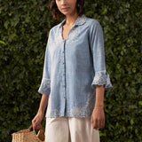 Sara Blue Embroidered Chambray Shirt for Women