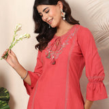 Cotton Blend Floral Embroidered Kurta Trouser Set