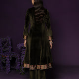 Vedhi Olive Green Embroidered Velvet Suit Set with Brasso Dupatta