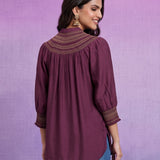 Women’s Wine Viscose Smocked Yoke Straight Tunic