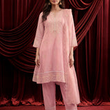 Baby Pink Embroidered Chanderi A-Line Suit Set