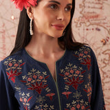 Zahra Royal Blue Embroidered Cotton Slub Kurti for Women