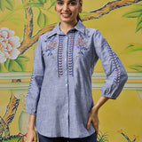 Aira Light Wash Blue Embroidered Shirt