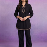 Black Cotton Slub Applique Dori Work Co-ord Set
