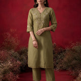 Green Embroidered Chanderi Festive Co-Ord Set