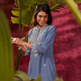 Saadgi Windy Blue Embroidered Cotton Linen Tunic for Women