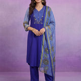 Bright Blue Printed Suit Set with Applique Neckline