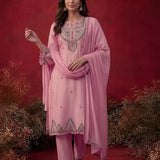 Albeli Baby Pink Embroidered A-line Suit Set with Dupatta