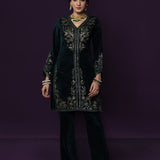 Paro Green Resham Embroidred Velvet Long Co-ord Set