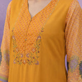 Yellow Printed Suit Set with Applique Neckline