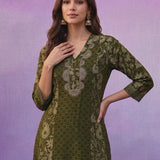Green Printed Cotton Panelled Kurta Set