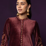 Iravya Maroon Embroidered Velvet Co-ord Set