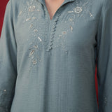 Aqua Teal Embroidered Cotton High-Low Co-Ord Set