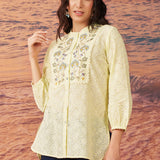 Ophelia Lemon Sorbet Embroidered Schiffli Cotton Top for Women