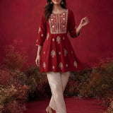 Zari Red Mirror Work Cotton Kurta Set