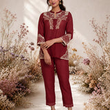Zia Red Dori Embroidered Shantoon Blend Co-ord Set