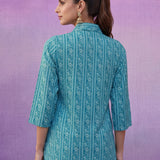 Aqua Blue All-Over Printed Cotton Cambric Straight Kurti