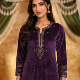 Varnika Royal Purple Embroidered Velvet Kurta Set