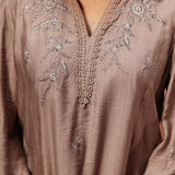 Niya Oak Brown Embroidered Cotton Linen Slub Long Top for Women