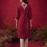 Fuchsia Embroidered Cotton Straight Kurta Set