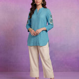 Aqua Cotton Resham Sequin Embroidered Shirt