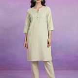 Ivory Cotton Slub Resham Zari Embroidered Kurta Set