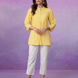Yellow Embroidered Cotton Slub Relaxed Top
