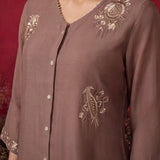 Mushroom Brown Embroidered Mul Chanderi Co-ord Set