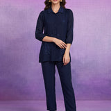 Navy Embroidered Straight Co-ord Set