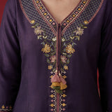 Ibadat Deep Purple Floral Embroidered Rayon V-neck Kurta Set with Pockets