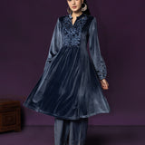 Marya Blue Self-Embroidered Velvet A-line Kurta