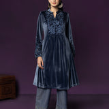 Marya Blue Self-Embroidered Velvet A-line Kurta