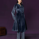 Marya Blue Self-Embroidered Velvet A-line Kurta